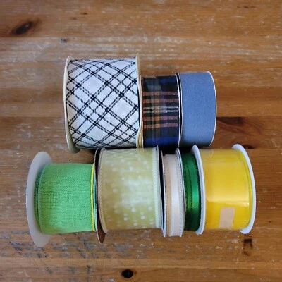  Fabric Ribbon Checkered Plaids Solid And Polka Dot  Lot Of 8 Colorful Spools - Image 1 of 4