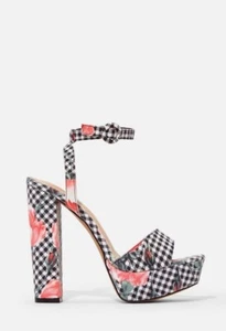 Gailey by SHOEDAZZLE Black floral fabric platform 5.5" block heel sandals SZ 7 - Picture 1 of 5