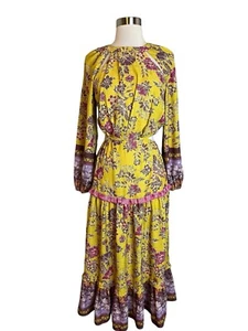 Current Air Maxi Dress XS Yellow Floral Tiered Peasant Waist Cutout Long Sleeve - Picture 1 of 8