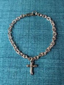 925 Sterling Silver Oval Link Bracelet w/Modernist Style Cross Charm - Picture 1 of 7