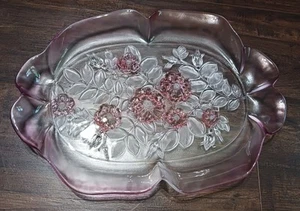 Vintage Art Glass Serving Tray Pink Embossed Floral Platter Decorative Plate - Picture 1 of 13
