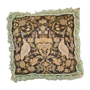 Vtg Needlepoint 20x20 Pillow Velvet Back William Morris Birds Borgata Tassels - Picture 1 of 16