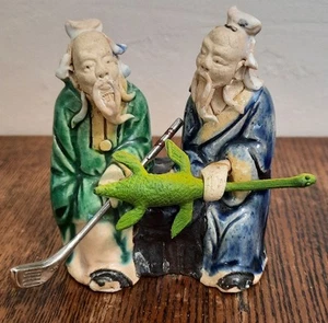 Vtg 2 Old Wise Chinese Mud Men Glazed Art Pottery Figurine Talking Golf & Pets - Picture 1 of 11
