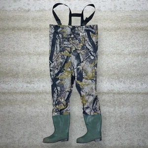 Vintage 90s Hunting Camo Waders Overalls 38x30 Green Rubber Boots Waterproof - Picture 1 of 3