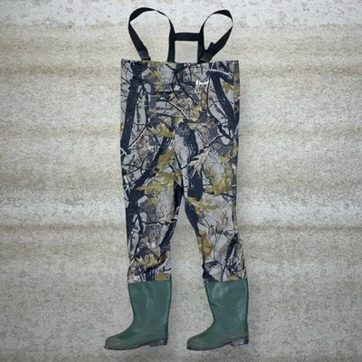 Vintage 90s Hunting Camo Waders Overalls 38x30 Green Rubber Boots Waterproof - Image 1 of 3