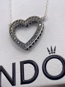 NEW SPARKLING OPEN HEART LADIES PANDORA NECKLACE STERLING SILVER CZ S925 ALE - Picture 1 of 2