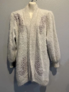 Women's Vtg CINDERELLA 80% Angora Embellished Open Lined Sweater Coat OS  S - XL - Picture 1 of 17