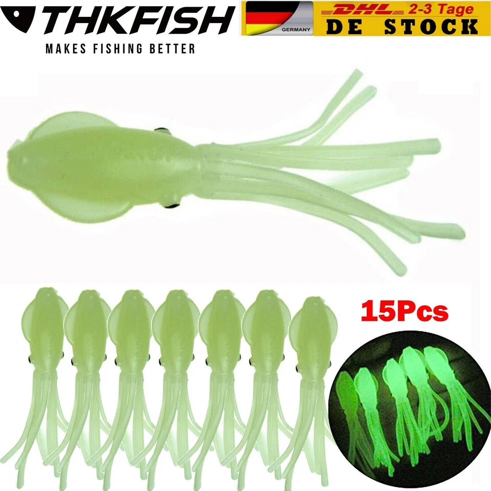 THKFISH 15 Stück Weicher Angelköder Lebensechter Leuchtender Oktopus-Köder