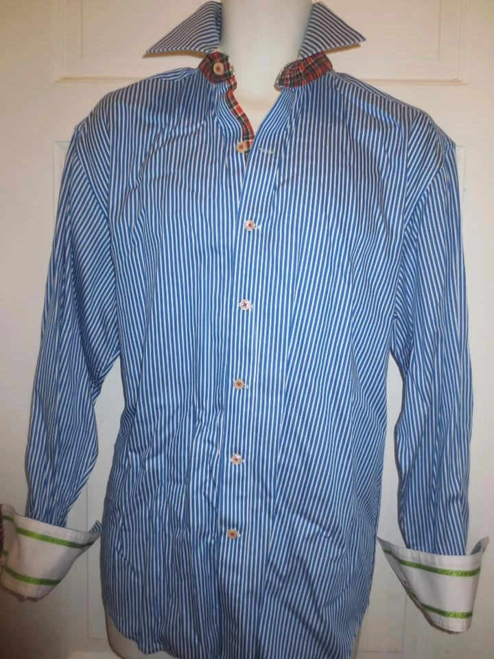 ROBERT GRAHAM Mens BLUE & White STRIPED Plaid 100% Cotton Dress SHIRT Size XL - Image 1 of 1