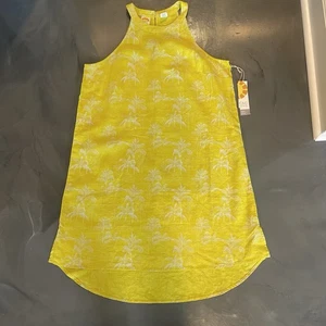 C&C California Linen Dress Womens L Yellow High Neck Beach Tropical Print Casual - Picture 1 of 9
