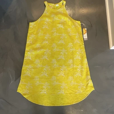 C&C California Linen Dress Womens L Yellow High Neck Beach Tropical Print Casual - Image 1 of 4