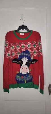Suéter Holiday Time Feo Navidad Vaca Fiesta Hombre Talla L (42-44) Rojo y Verde Foto 1 de 3