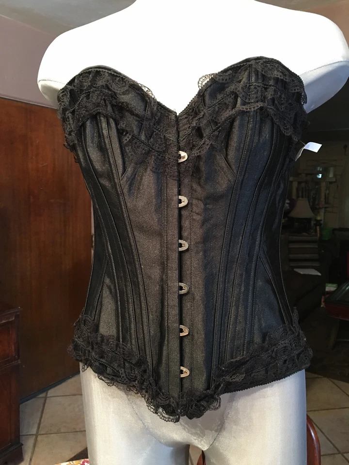 Corsé Felina negro satinado y encaje con cierre de gancho y pasador cinta lazo trasero grande nuevo sin etiquetas Foto 1 de 3