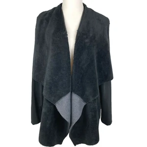 SPLENDID Sherpa Lined Cardigan Womens Larg Black Gray Open Front Jacket - Picture 1 of 8