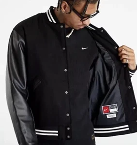 SMALL - Nike Authentics Men’s Varsity Jacket Black Leather $500 MSRP FD7845-010 - Picture 1 of 7