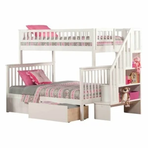 Leo & Lacey Mid-Century Wood Twin Over Full Staircase Storage Bunk Bed in White - Picture 1 of 7