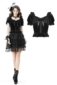 Camiseta Dark In Love Negra Mujer Gótica Punk Mangas Cortas Volantes Terciopelo Prendas para el torso - Imagen 1 de 21