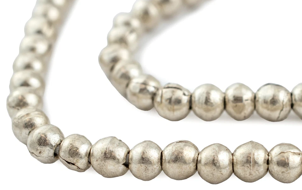 Round White Metal Ethiopian Beads 8mm African Silver Large Hole 28 Inch Strand - Image 1 of 4