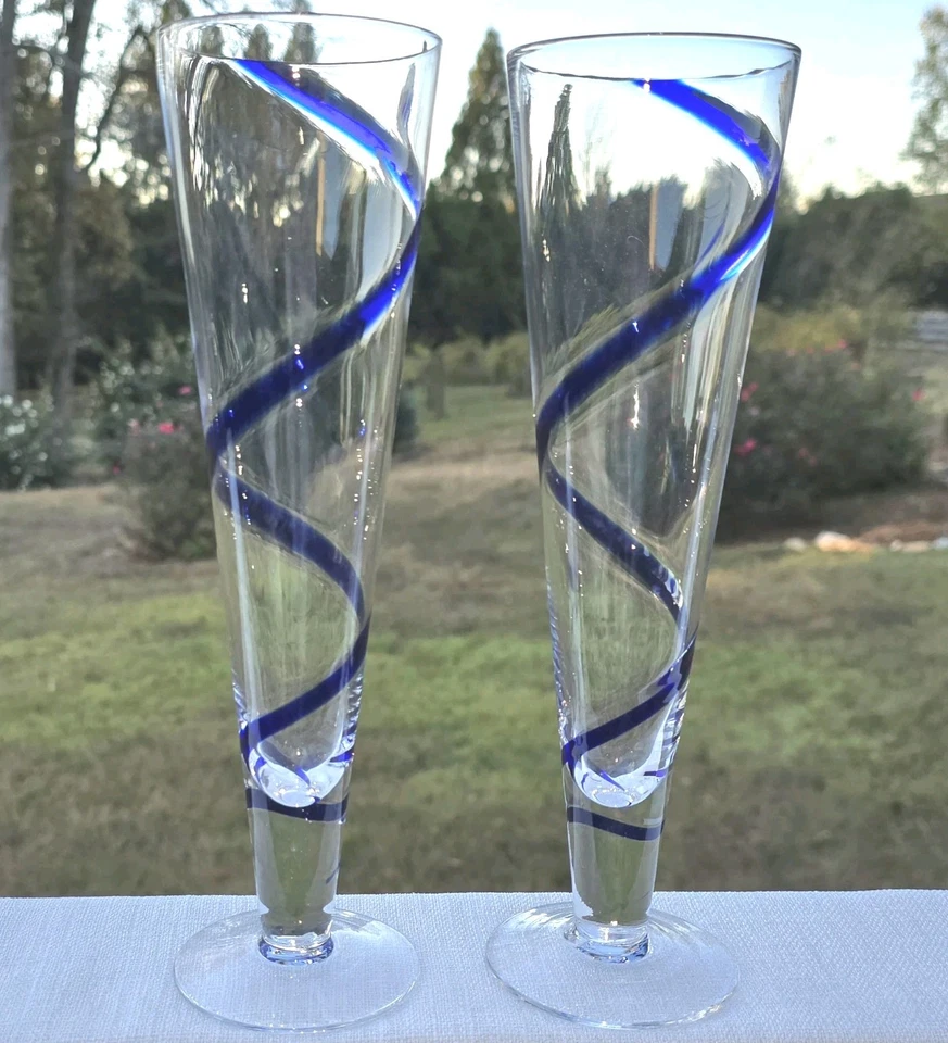 Set Of 2 Pier 1 Beer Glasses Cobalt Blue Swirline Pilsner Flutes 12 Oz 10" Tall  - Image 1 of 4