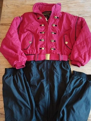 Vtg 80s Passport One Piece Ski Suit Snowsuit Belted Red Top Black Legs Womens 10 - Image 1 of 4