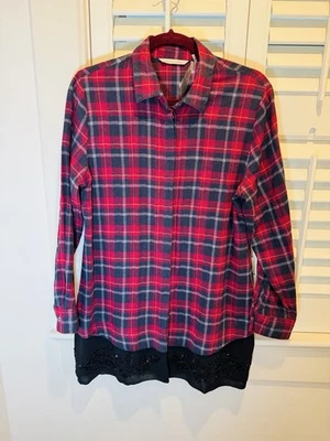 NEW SOFT SURROUNDINGS Apres Ski Embellished Flannel Shirt Red Cotton M Women - image 1 of 4