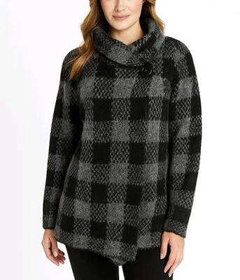 Ellen Tracy Cardigan / Jacket Black Gray Buffalo Plaid Wool Blend Size M NEW - Image 1 of 4
