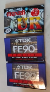 3 x BRAND NEW SEALED BLANK AUDIO CASSETTE TAPES - TDK FE90 Ferric & Maxwell UR - Picture 1 of 3