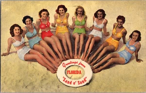 Postal Saludos Desde Florida "Land O' Sand" Bellezas de Baño Lino Sin Publicar - Imagen 1 de 2