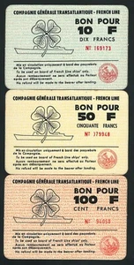 French Line, Compagne Generale Transatlantique, BON set (10, 50, 100), POLYMER - Picture 1 of 3