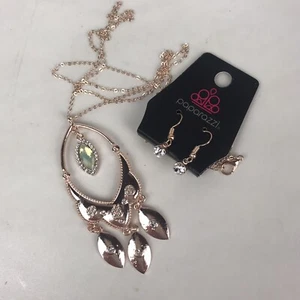 Paparazzi Royal Iridescence Rose Gold Pendant Necklace and Rhinestone Earrings - Picture 1 of 9
