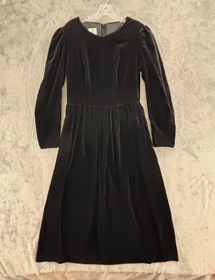 Vintage Laura Ashley Black Velvet Dress Womens 14 Long Puff Sleeve Pockets NOS - Image 1 of 4