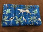 Indian Cotton Animal Print Blue Twin Size Kantha Quilt Bedcover Bedding Throw