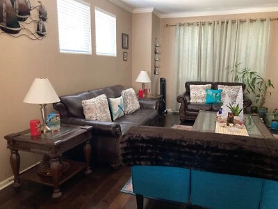leather sofa w/ love seat, wooden center, and side tables - used & good - Image 1 of 4