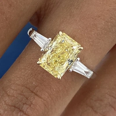 2.30Ct Fancy Vivid Radiant Cut Yellow Lab-Grown Diamond 14K Gold 3-Stone Ring - image 1 of 4
