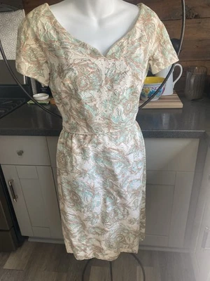 Verdadero Vestido de Cóctel Floral con Lentejuelas Años 50/60 Melocotón Marfil Aqua De Colección S/M Foto 1 de 4
