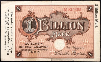 WIESBADEN 1923 1 TRILLION MARK! XX-RARE Hyperinflation Notgeld Banknote Germany - Image 1 of 2