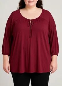 Suzanne Betro Boho Peasant Blouse 1X Burgundy Tunic Top Long Sleeve Tie Neck - Picture 1 of 4