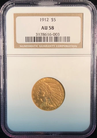 1912 NGC AU58 $5 Gold Indian PQ Coin looks MS62 Cover