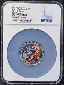 2022 50g Ghana S 10C Tiger & Dragon First Releases NGC MS69 Antiqued TOP POP! #1 - Picture 1 of 2