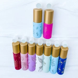 9 Colorful Pastel Matte Gold Floral Glass 10ml Essential Oil Roller Bottles - Picture 1 of 6