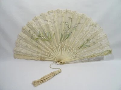 ANCIEN EVENTAIL EN DENTELLE DECOR PEINT DE MUGUET XIX SIECLE ANCIENT LACE FAN - Photo 1/4