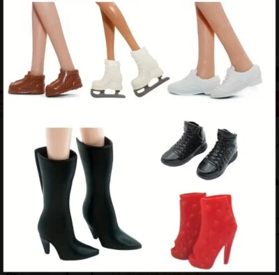 6 pares de sapatos para boneca Barbie 11,5 inclui patins de gelo salto alto vermelho bota preta - Imagem 1 de 4