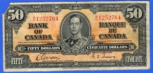 CANADA $50 1937 BC-26b / P-63b King George VI Circ. Note B/H 1252764 ( Damaged ) - Picture 1 of 3