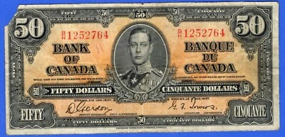 CANADA $50 1937 BC-26b / P-63b King George VI Circ. Note B/H 1252764 ( Damaged ) - Image 1 of 3