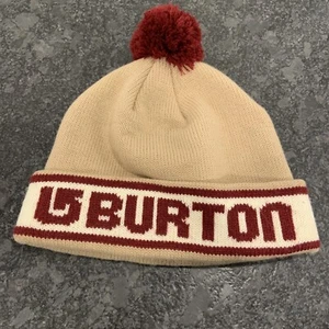 Burton Snowboard Ski Winter Hat Beanie Pom Pom Logo Burgundy & Beige EUC - Picture 1 of 3