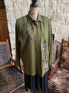 Hunter Green Embroidered Button-Front Sweater Jacket Floral Butterflies XL - Picture 1 of 12