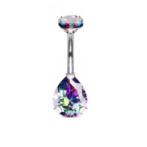Titanium Mystic Rainbow Internal Threaded  Prongs Set 14g Pear CZ Navel Barbell. - Picture 1 of 6