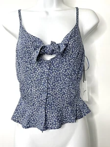 Japna Top Size Small Sleeveless Peplum Tie Front Blouse Ruffles Blue Floral - Picture 1 of 5