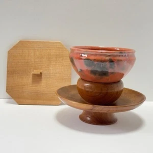 Japanese Tea Ceremony Tenmoku Bowl Red raku ware w/Kinin Stand and Tenmoku Lid - Picture 1 of 18