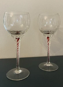 2 x Unique Vintage Clear and Red Twisted Stem Crystal Alsace Glasses Mid Century - Picture 1 of 5